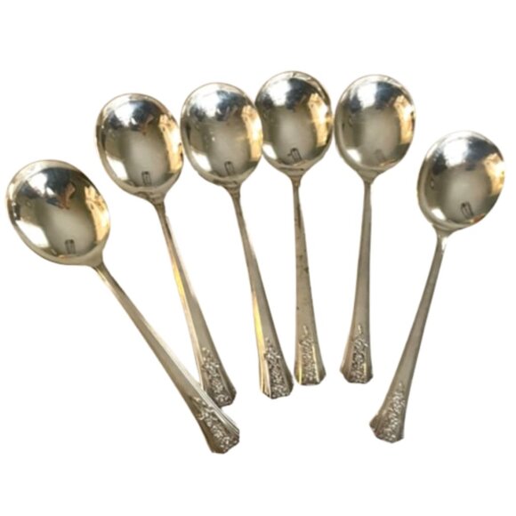 6 Vintage and Used Tudor Plate Soup Spoons in the Fortune 1939 Pattern Oneida - Picture 1 of 8